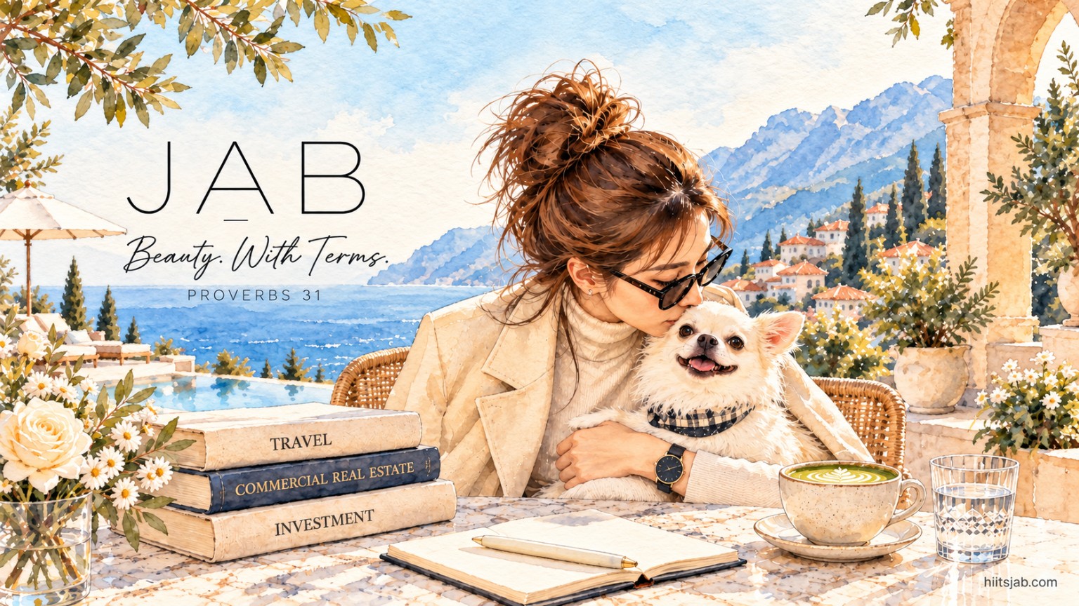 Watercolor illustration of JAB kissing Muji beside books about travel, commercial real estate and investment, overlooking a Mediterranean coast.